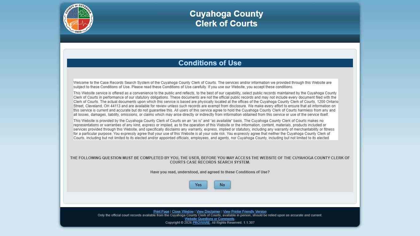 Cuyahoga County Clerk of Courts Site Terms of Service